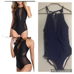 Holipick high neck mesh cutout swimsuit small navy blue new